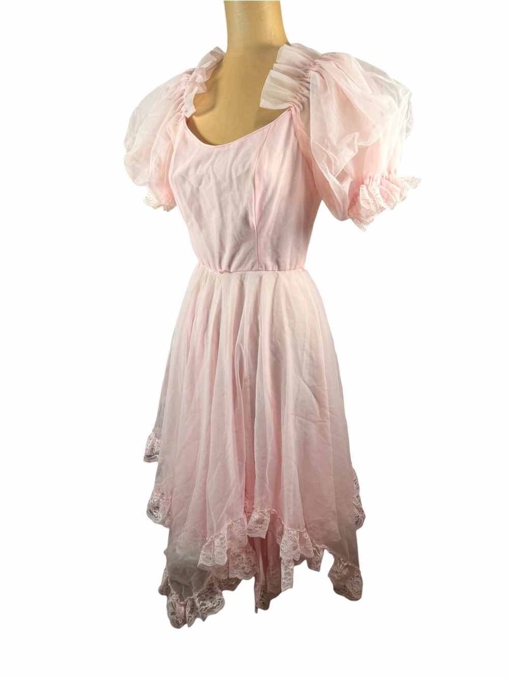 JO ED SOPHISTICATES Vintage Pink Puff Sleeve High Low Lace Trim Dress